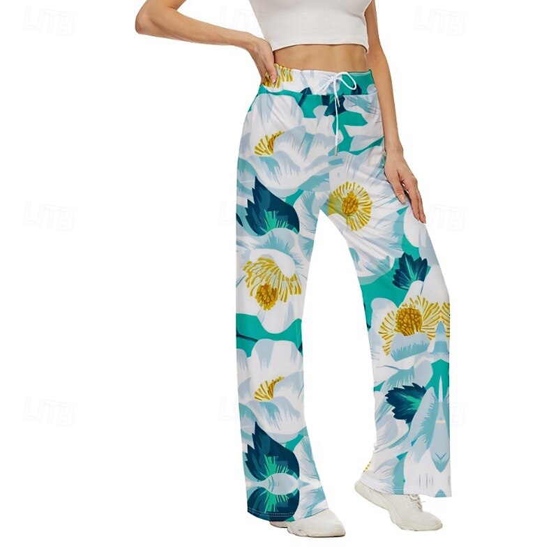 Women's Wide Leg Slacks Streetwear Casual Full Length Natural Flower Print Elastic Drawstring Design Soft Street Holiday Weekend Green Fall Regular Fit
