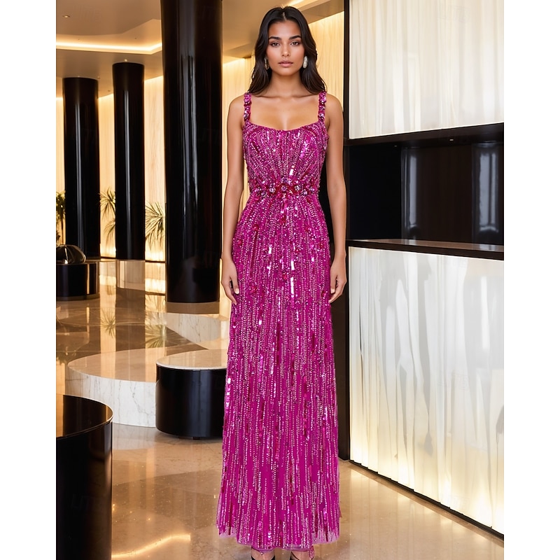 Black Tie Beaded Lace Sheath / Column Evening Gown Elegant Dress Formal Wedding Floor Length Sleeveless Square Neck Tulle with Crystals Beading Sequin