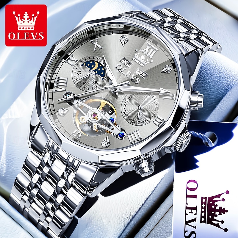 OLEVS Men Mechanical Watch Outdoor Fashion Casual Wristwatch Automatic Self-winding Moon phase Luminous Perpetual Calendar Steel Watch2