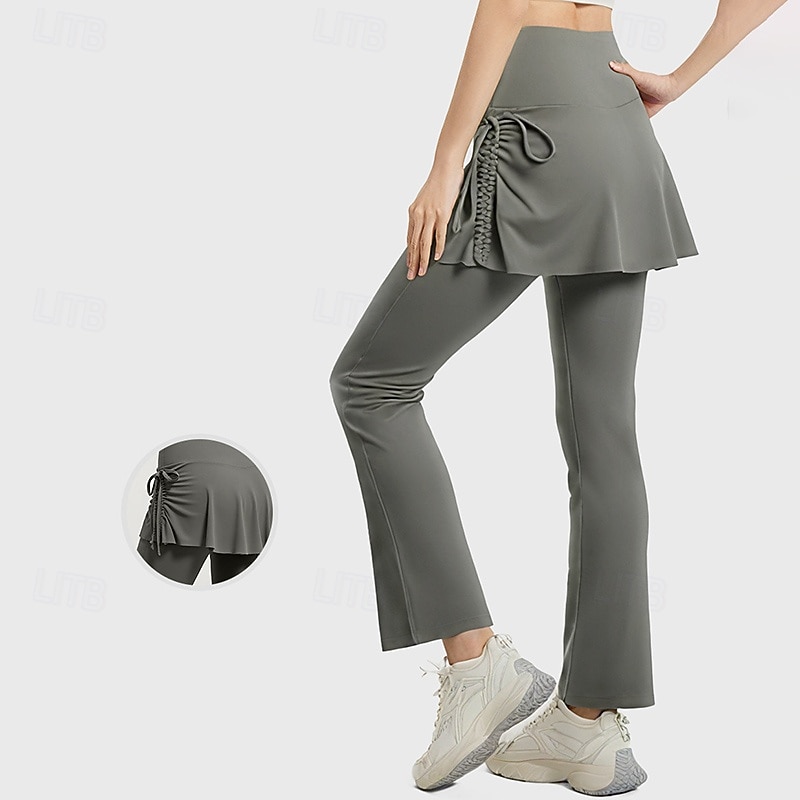 Women's Workout Pants Running Leggings Drawstring Pockets 2 in 1 Tummy Control High Waist Gym Pilates Zumba Bottoms Solid Color Black Coffee Grey Fall Sports Activewear Tight Fit