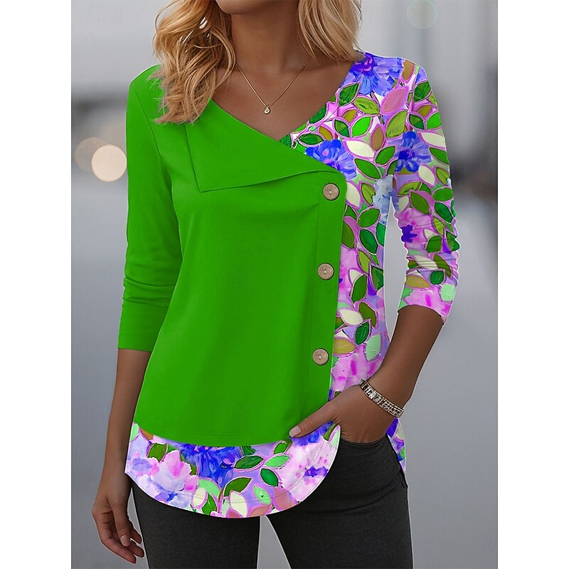 Women's Blouse Tunic V Neck Long Sleeve Buttons Floral Graphic Vintage Fashion Stylish Crew Neck Regular Tops Daily Patchwork Print Blue Purple Green Summer Spring Fall Winter2