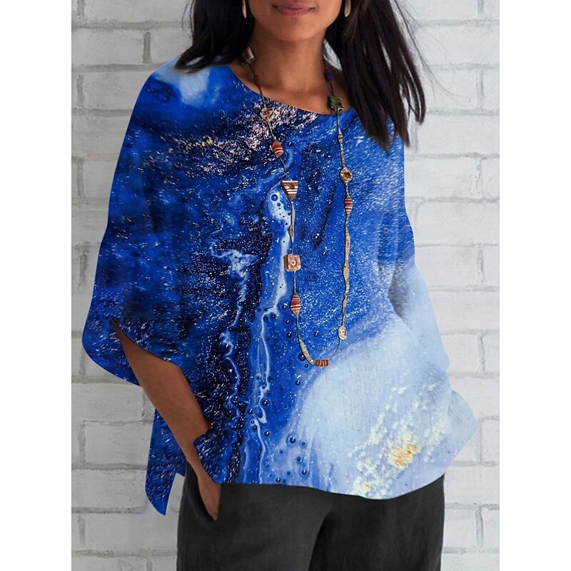 Women's Shirt Marble Daily Casual 3/4 Length Sleeve Crew Neck Regular Tops Daily Holiday Print Navy Blue Royal Blue Blue Sky Blue Dusty Blue Summer Spring Fall4