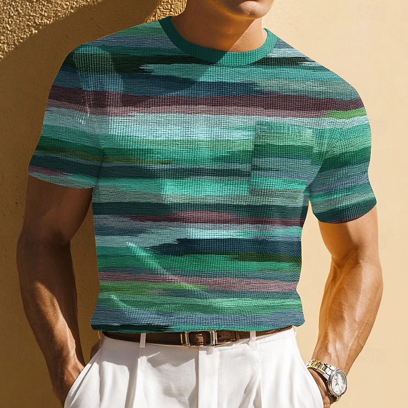 Men's Geometric Horizontal Stripes Waffle Shirt Short Sleeve T shirt Print Crew Neck Shirt Fashion Daily Designer Street Casual Daily Blue Brown Green Summer Spring Clothing Apparel S M L XL XXL XXXL3