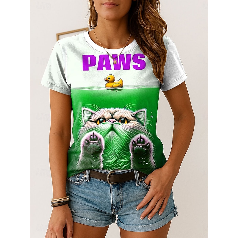 Women's T Shirt Graphic Animal Cat Vintage Stylish Classic Short Sleeve Crew Neck Regular Tops Daily Weekend Print Red Blue Purple Green Summer Spring4