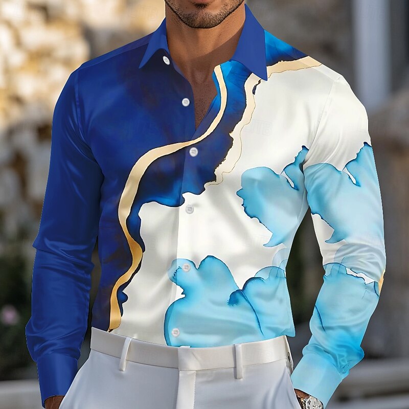 Men's Marble Gradient Color Abstract Liquid Art Shirt Satin Shirt Dress Shirt Long Sleeve Fashion Casual Vacation Dailywear Summer Spring Fall Turndown 3D Print Button Up Shirts Blue 2# Blue 1# Blue2