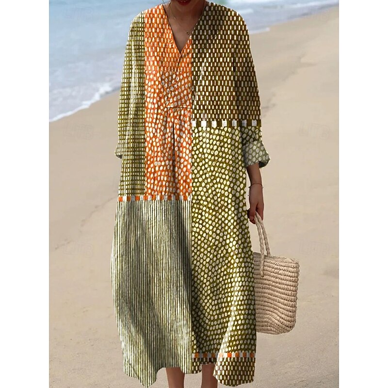 Women's Midi Dress V Neck Long Sleeve Kaftan Lightweight Loose Fit A Line Dress Casual Boho Going out Graphic Geometric Long Sleeve V Neck Dark Yellow Red Light Brown Blue Fall3