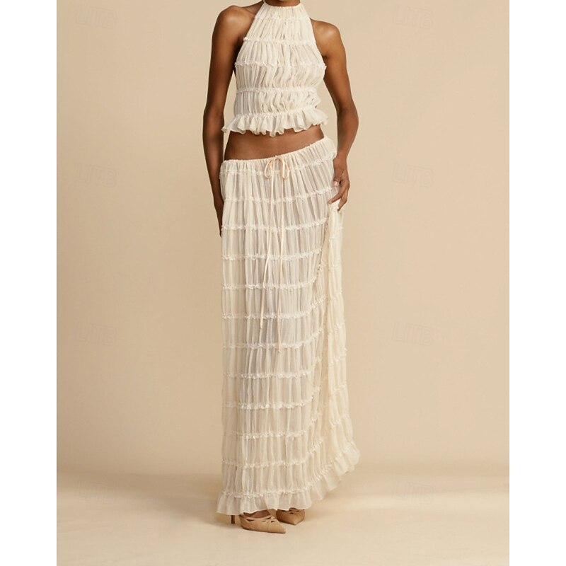 Women's Active Streetwear Blouse Skirt Sets Long Sleeve Halter Neck Solid Color Ruched Daily Casual Daily Black White Pink Summer Regular Fit - Main Image