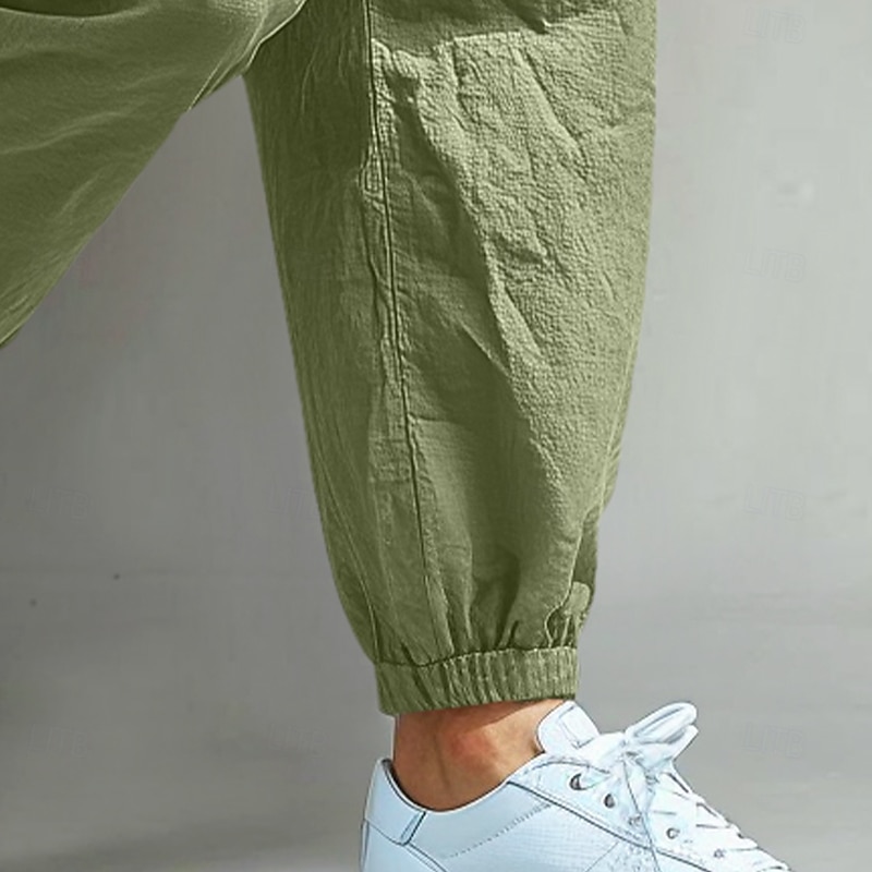 Men's Cargo Pants Linen Pants Trousers Shorts Summer Pants Elastic Cuff Plain Comfort Breathable Full Length Casual Daily Holiday Vacation Fashion Black White Inelastic3