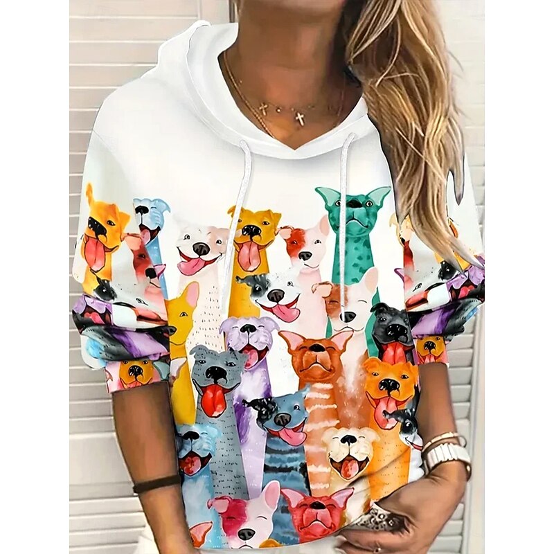Women's Hoodies Graphic Animal Dog Casual Long Sleeve Hooded Regular Tops Home Street Dailywear Pocket Print White Fall Winter