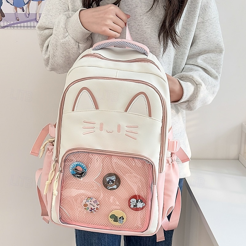 Girls' Kawaii Cat Ear Backpack – Cute Pink School Bag with Clear Display Pocket and Cartoon Pins for Teens and Kids4