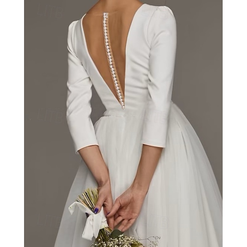 Reception Vintage 1940s / 1950s Little White Dress Bridal Shower Dresses Wedding Dresses A-Line V Neck 3/4 Length Sleeve Tea Length Satin Bridal Gowns With Solid Color3