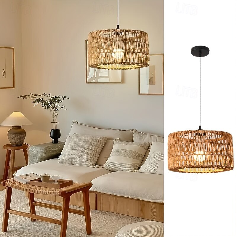 Country Vintage Pendant Light, Metal Braided Rattan Ropel, 17cm Height, Warm White/White Light, E26 E27, Adjustable Chain, for Kitchen Island Dining Room Bedroom Restaurant3