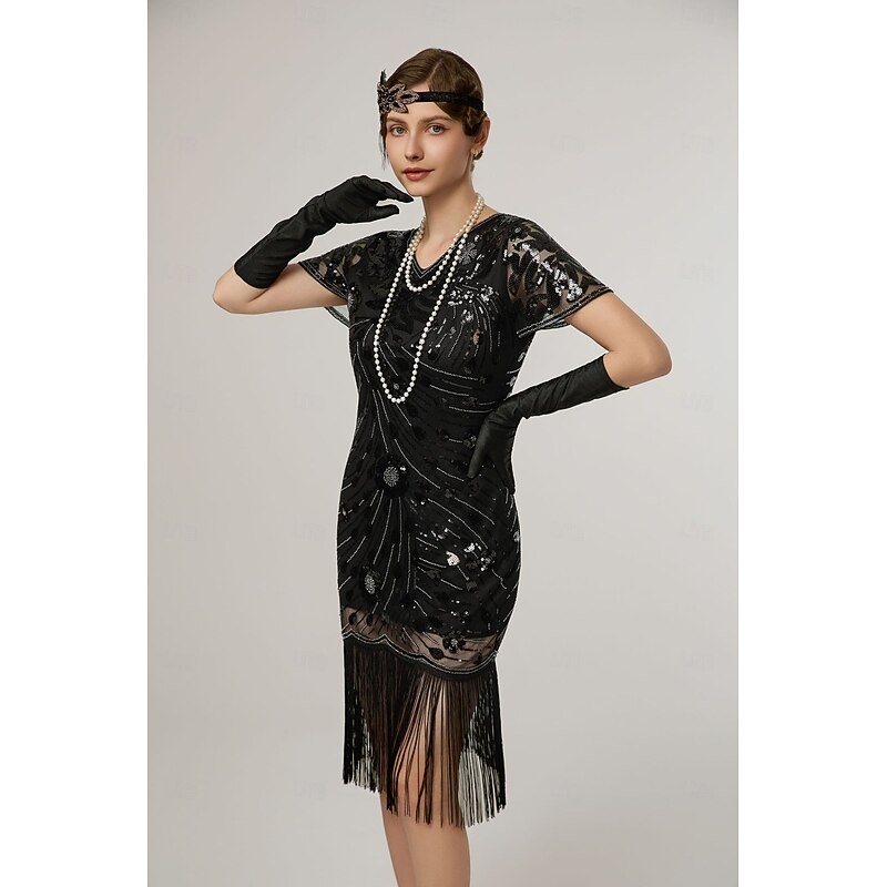 Retro Vintage Roaring 20s 1920s Midi Flapper Dress Cocktail Dress The Great Gatsby Flapper Girl Sequins Fringe V Neck Fancy Dress Women's Christmas Halloween Carnival Wedding Evening Party Masquerade4