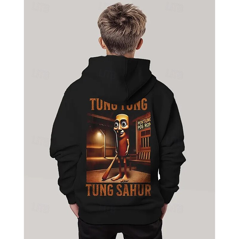 Boys' 3D Cartoon Tung Tung Graphic Hoodie Long Sleeve Spring Fall Fashion Streetwear Kids 4-12 Years Hooded Outdoor Casual Daily Regular Fit4