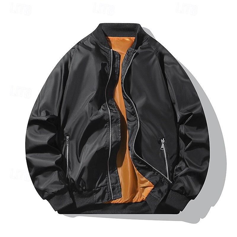 Men's Lightweight Jacket Bomber Jacket Casual Jacket Vacation Daily Pocket Spring Fall Plain Fashion Classic Stand Collar Regular Black Army Green Jacket3