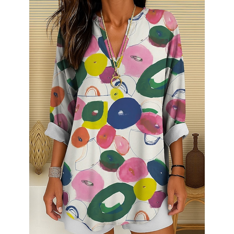 Women's Blouse Tunic V Neck Long Sleeve Boho Casual Graphic Geometric Polka Dot Vintage Daily Stylish Regular Tops Daily Print Yellow Pink Blue Purple Green Fall