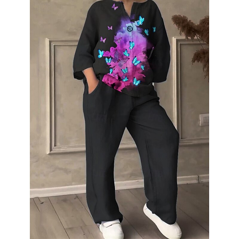 Women's Active Fashion Pants Sets Long Sleeve V Neck Butterfly Print Vacation Daily Holiday Black White Red Summer Regular Fit2
