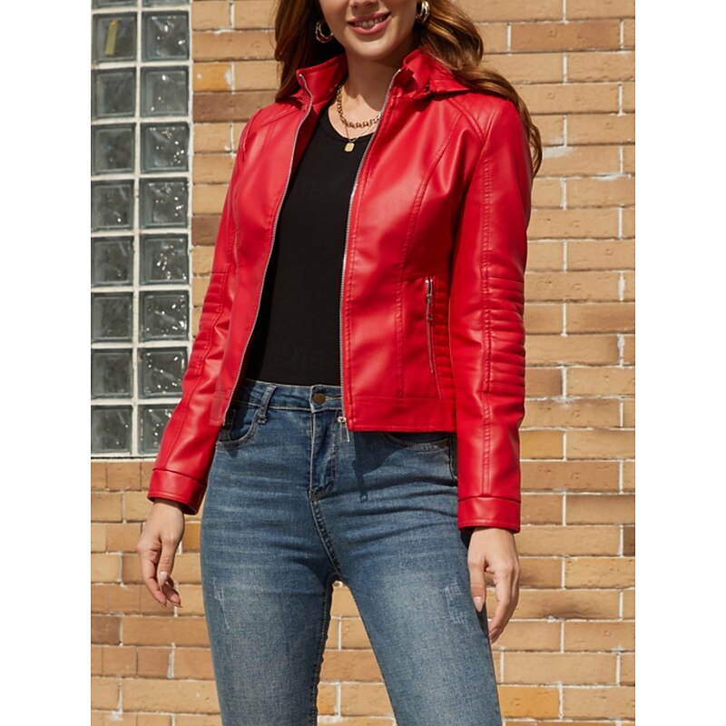 Women's Faux Leather Jacket Casual Jacket Comfortable Breathable Zipper Pocket Casual Plain Vacation Street Casual Daily Wear Zipper Short Hooded Regular Fit Long Sleeve Outerwear Red Camel Coffee2