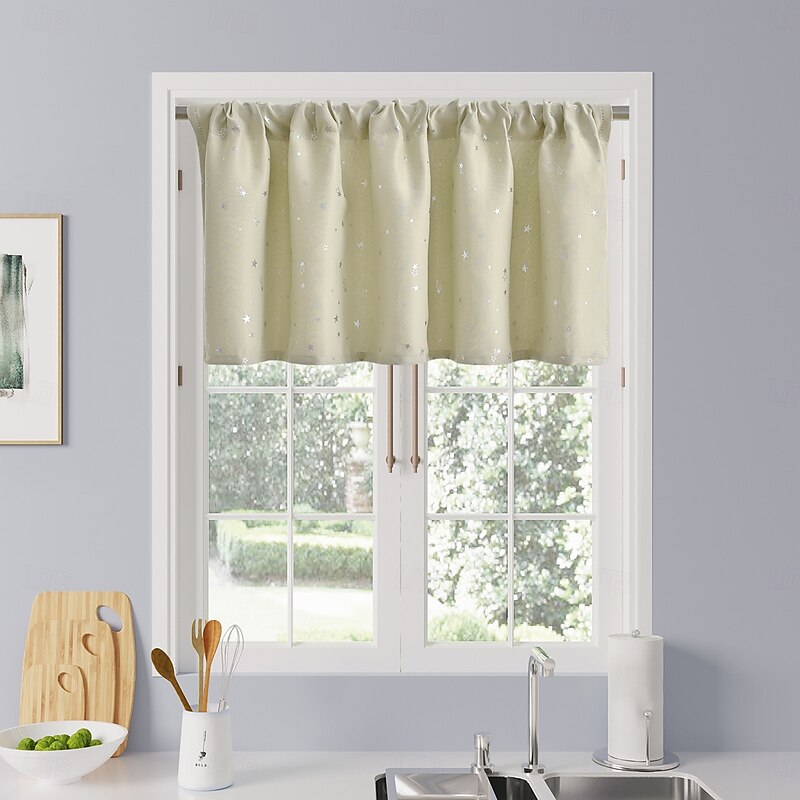 Kitchen Curtain Silver Foil Star Printed Short Curtains - Semi-Blackout Kitchen & Living Room Decor Drapes