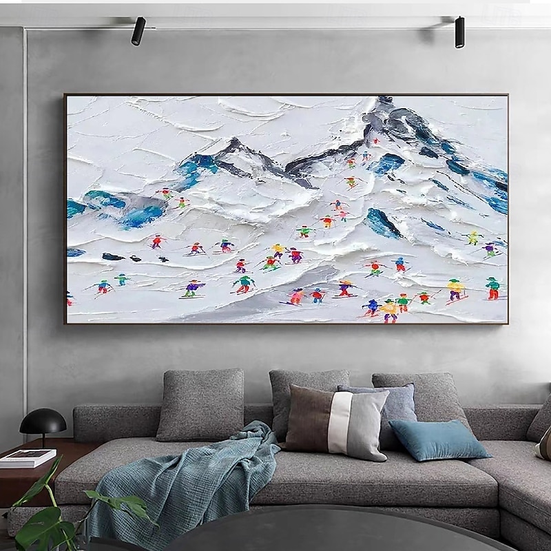 Large Handmade Oil Painting Skiers on Snowy oil painting  Peaks Vibrant Coats Textured Alpine Slope Artwork Wall Art Modern Room Decor4