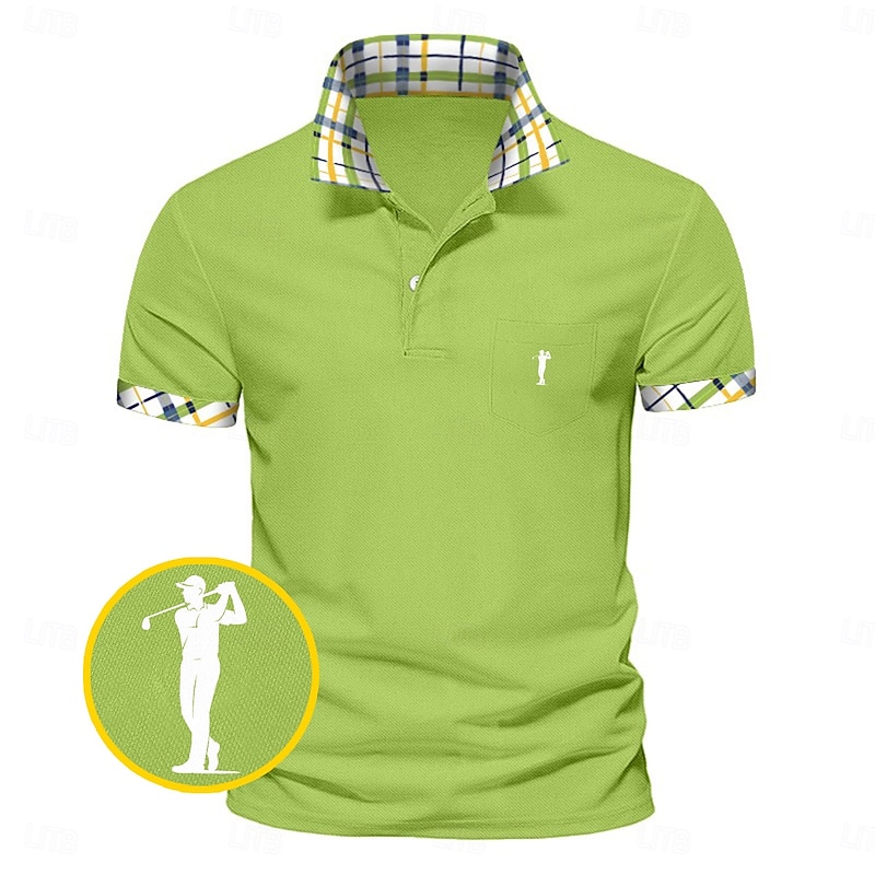 Men's Golf Shirt Pique Polo Shirt Business Casual Turndown Short Sleeve Fashion Basic Solid Color Plaid Buttons Logo Summer Spring Spring &  Fall Regular Fit White Yellow Navy Blue Green Golf Shirt2