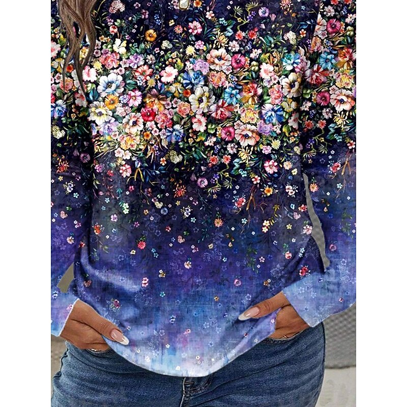 Women's T shirt Crew Neck Long Sleeve Tunic Floral Graphic Plants Vintage Stylish Classic  Round Neck Regular Tops Daily Print Navy Blue Fall3