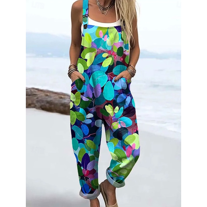 Women's Jumpsuit Active Floral Sleeveless Straight with Pocket Vacation Street Loose Fit White Yellow Pink Summer