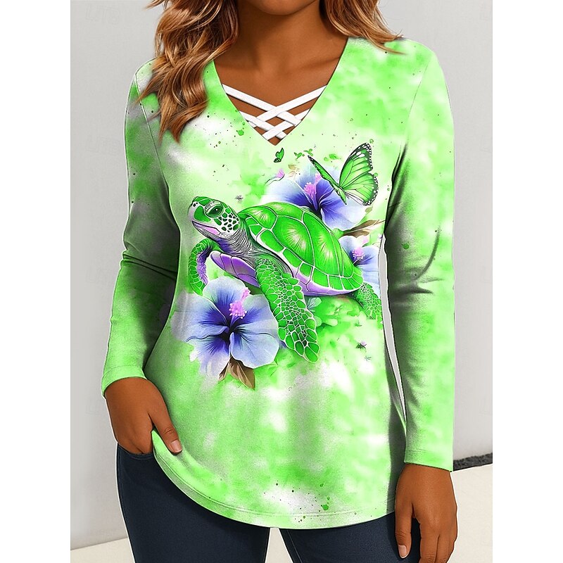 Women's T Shirt Graphic Animal Sea Turtle Vintage Stylish Classic Long Sleeve V Neck Regular Tops Daily Cut Out Print Red Blue Fuchsia Green Spring Fall4