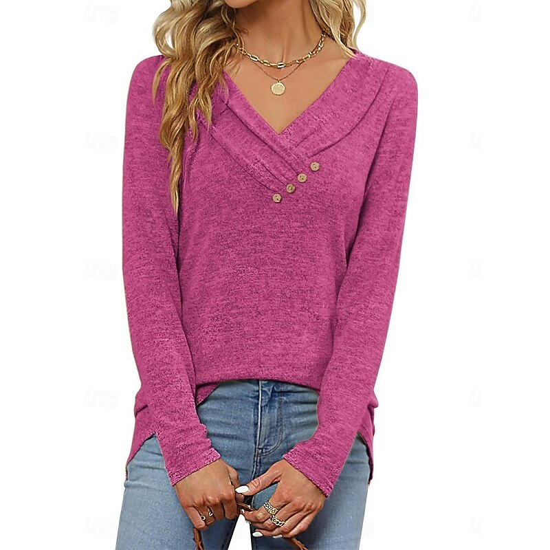 Women's Blouse Solid Color Stylish Casual Long Sleeve V Neck Regular Tops Daily Buttons Black Pink Wine Purple Summer Spring