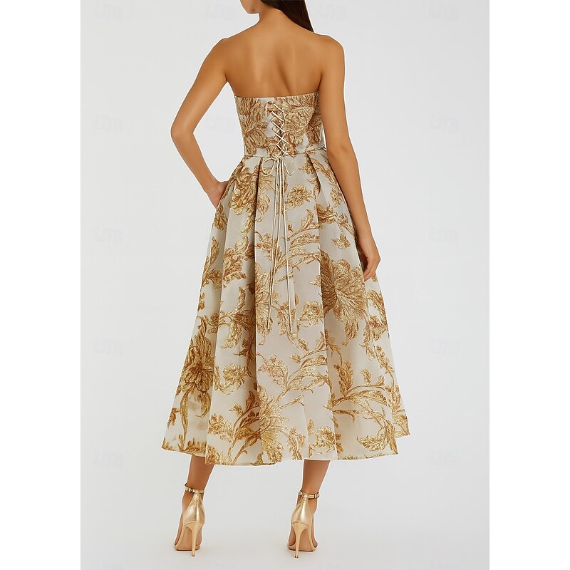 Gold Metallic Floral Brocade A-Line Cocktail Dresses Elegant Dress Formal Wedding Tea Length Midi Length Sleeveless Strapless with Pleats3