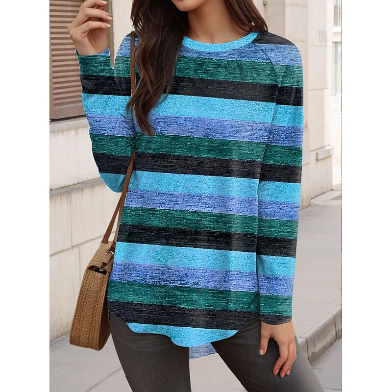 Women's T Shirt Graphic Striped Vintage Fashion Stylish Long Sleeve Crew Neck Regular Tops Daily Weekend Print Pink Blue Orange Green Spring Fall4