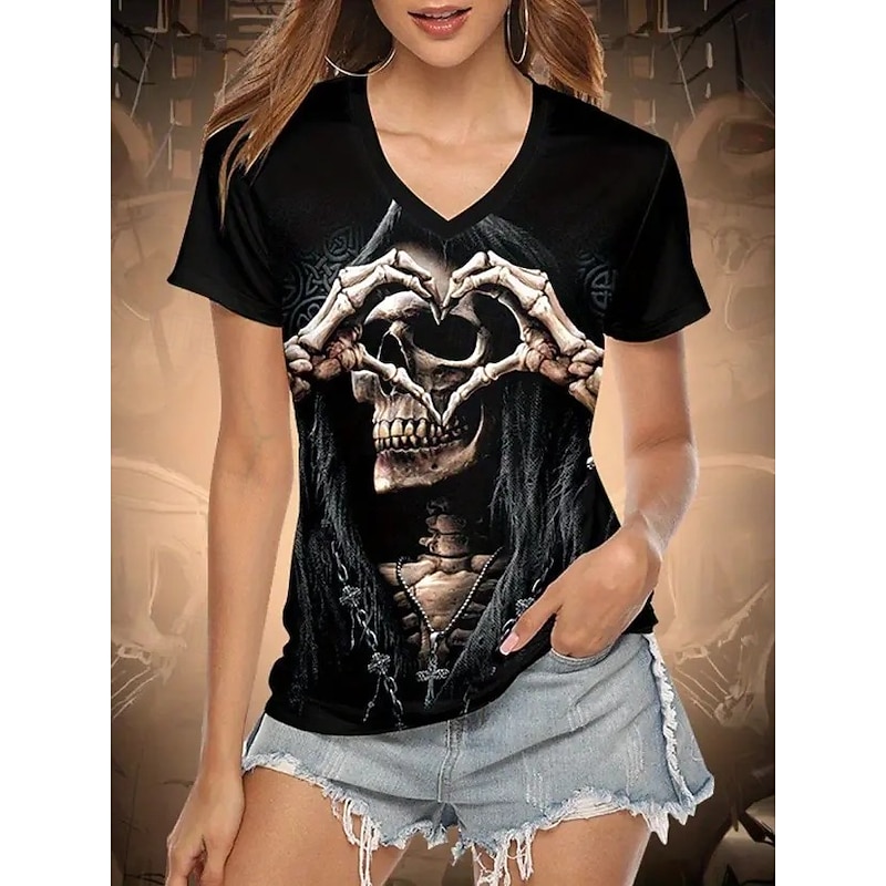Halloween Women's T Shirt Skulls Floral Striped Stylish Casual Funny Short Sleeve V Neck Regular Tops Daily Cute Outfits Date Night Outfits Print Black Summer Spring Fall