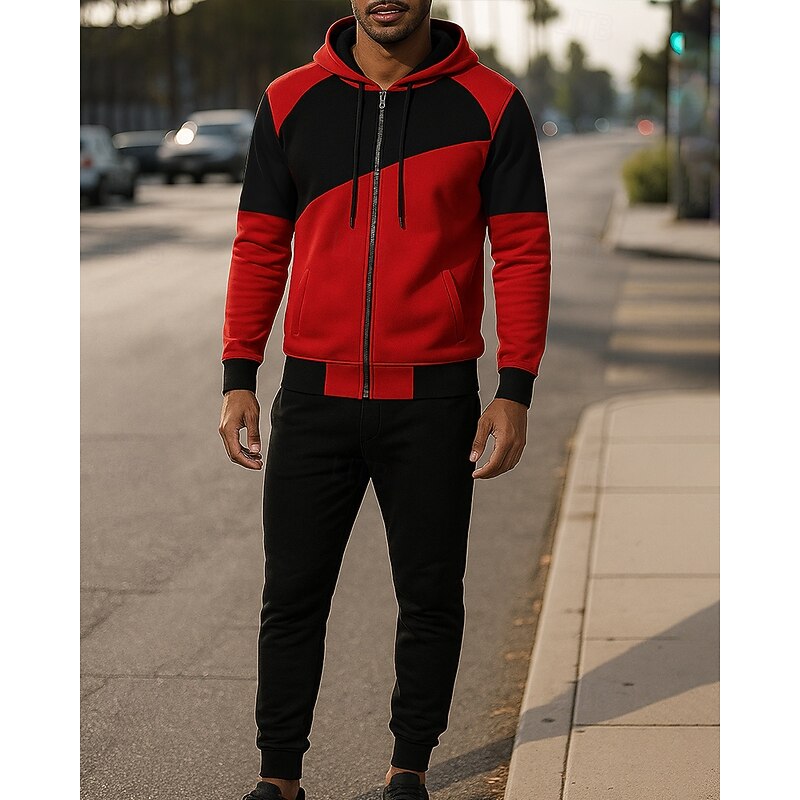 Men's Tracksuit Sweatpants Hooded Jacket Drawstring Hooded Color Block Clothing Suit Fall & Winter White Red Gym Training Running Windproof Long Sleeve Sport Activewear Micro-elastic Regular Fit4