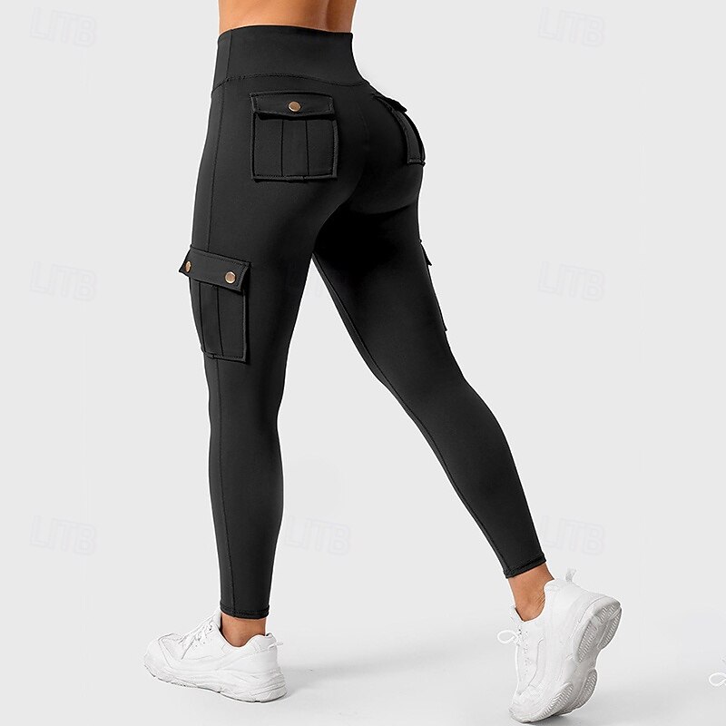 Women's Cargo Pants Yoga Leggings Pocket Tummy Control High Waist Gym Dance Athletic Bottoms Solid Color Black Fall Sports Activewear Tight Fit3