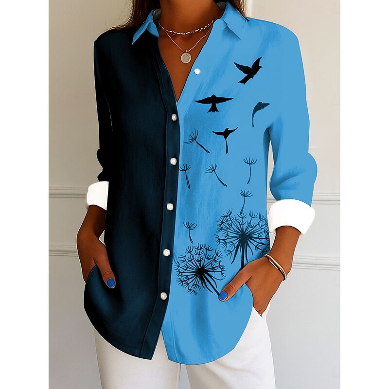 Women's Shirt Button Down Tunic Shirt Collar Long Sleeve Floral Graphic Bird Elegant Vintage Tropical Regular Tops Work Daily s Print White Pink Blue Green Spring3