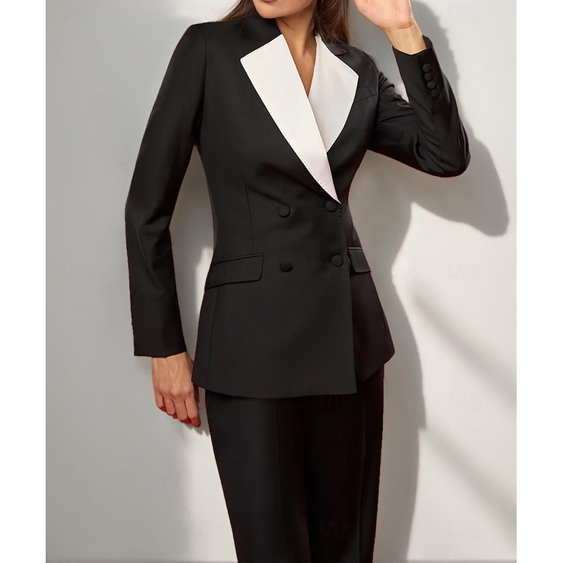 Women's 2 Pieces Suits Formal Wedding Guest Satin Elegant Luxurious Minimalist Long Sleeve Floor Length Notched Lapels Double Breasted2