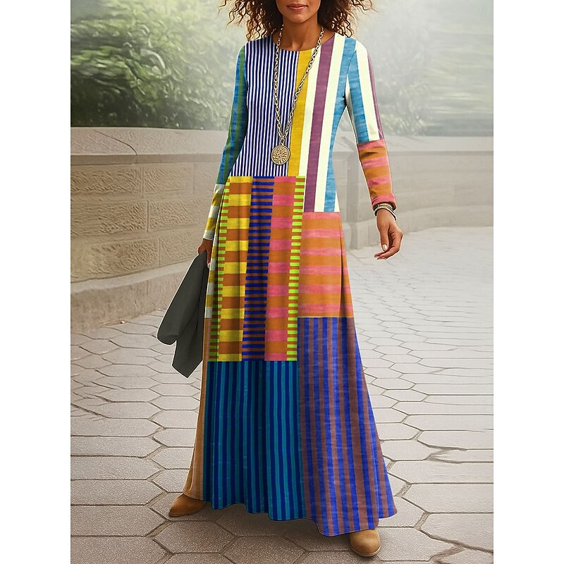 Women's Maxi Dress Vintage Bohemian A Line Dress Crew Neck Long Sleeve Casual Daily Regular Fit Graphic Geometric Red Blue Orange Spring Fall Winter3