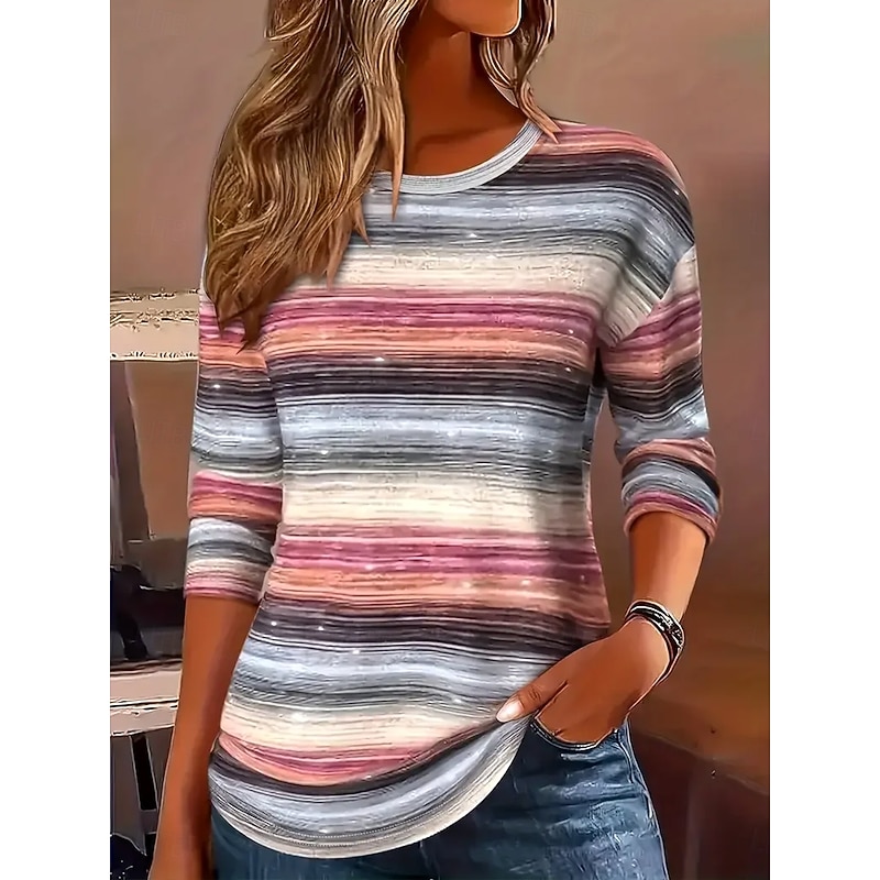 Women's T shirt Crew Neck Long Sleeve Tunic Graphic Geometric Striped Vintage Stylish  Round Neck Regular Tops Daily Print Dusty Rose Fall
