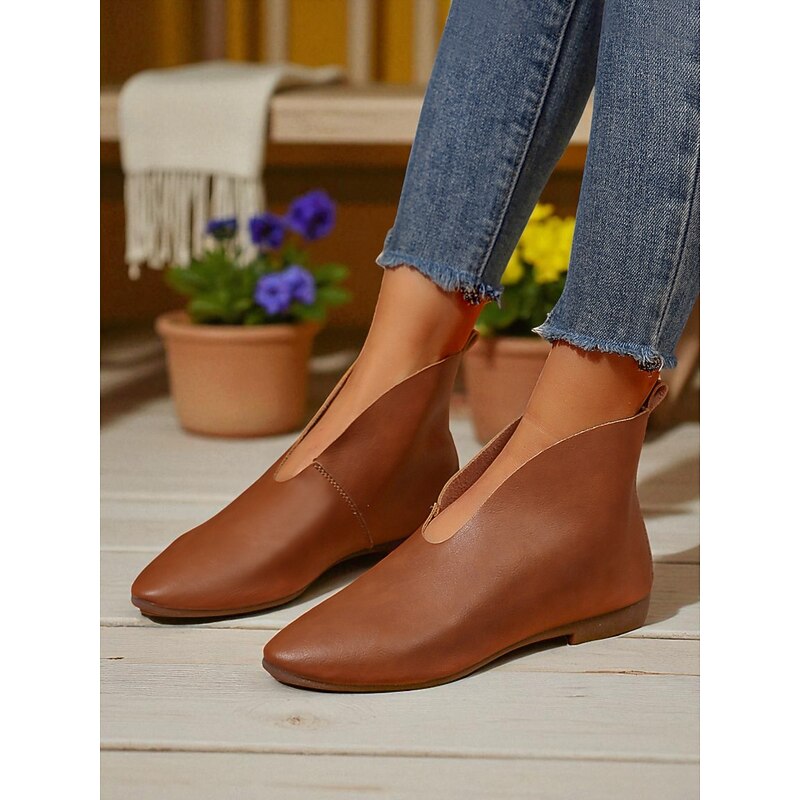 Women's Brown Faux Leather Flat Booties – Minimalist Casual Ankle Shoes for Fall, Porch Relaxation and Everyday Outfits2
