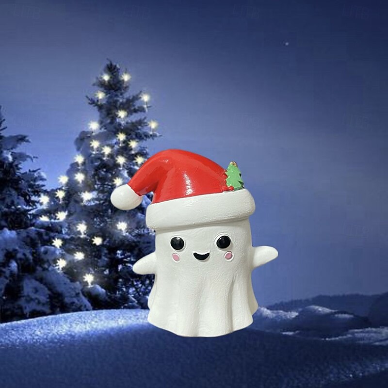 Halloween Cute Ghost Decoration with Santa Hat Resin Figurine, Cute Mini Decoration for Halloween Christmas Decor, Holiday Gift Ornament3