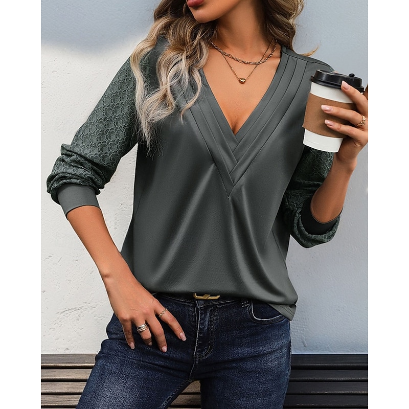 Women's Texture Blouse T Shirt Tee Top Plain Fashion Modern Long Sleeve V Neck Regular Tops Daily Going out Lace Patchwork Light Grey Spring Fall3