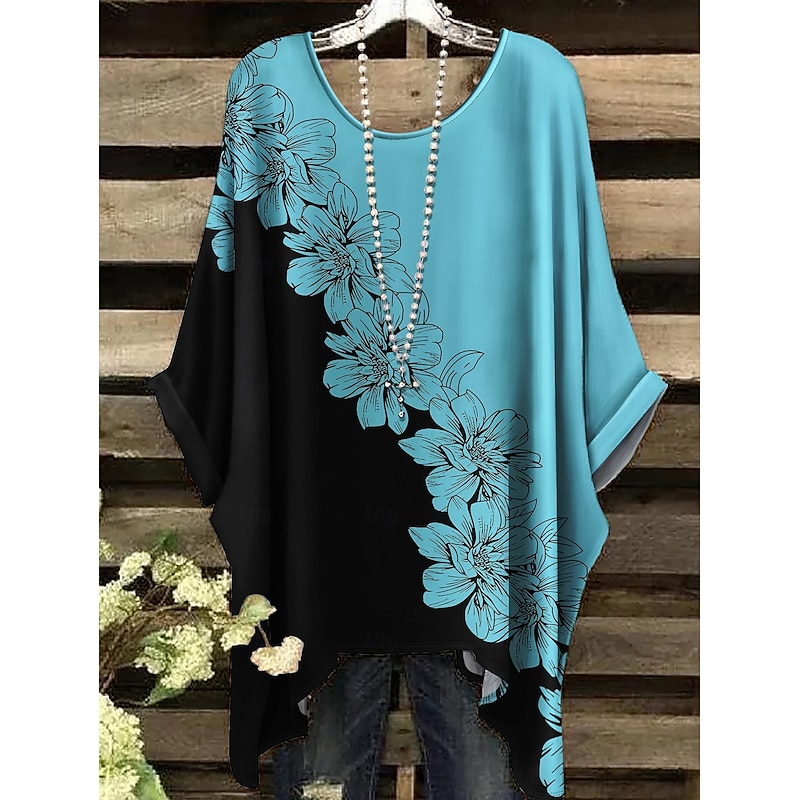 Women's Blouse Floral Graphic Elegant Vintage Daily Half Sleeve Batwing Sleeve Crew Neck Regular Tops Daily Holiday Vacation Wear Pink Red Blue Summer Spring