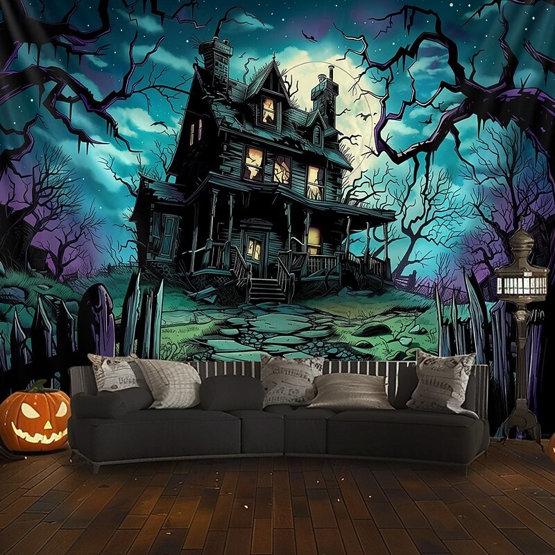 Halloween Haunted House Tapestry – Creepy Spooky Mansion Wall Art Backdrop, Large Hanging Mural Blanket Curtain for Home Bedroom Living Room  2025 Halloween Decoration2