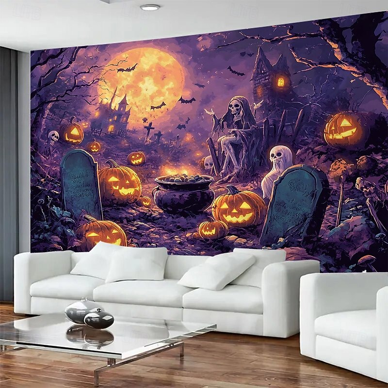 Halloween Pumpkin Lantern Bat Night Landscape Hanging Tapestry Mural Art Large Tapestry Mural Decoration Photos Background Carpet Curtains Home Bedroom Living Room Decoration
