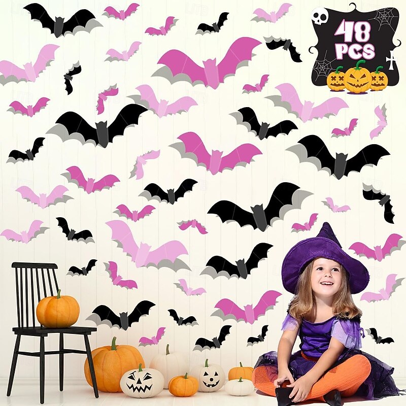 48 Pcs Halloween 3D Bats Stickers Decoration Spooky 3D Bats Indoor Outdoor Party Decor - Plastic Scary Gothic Stickers for Bathroom Kitchen Home Room Wall