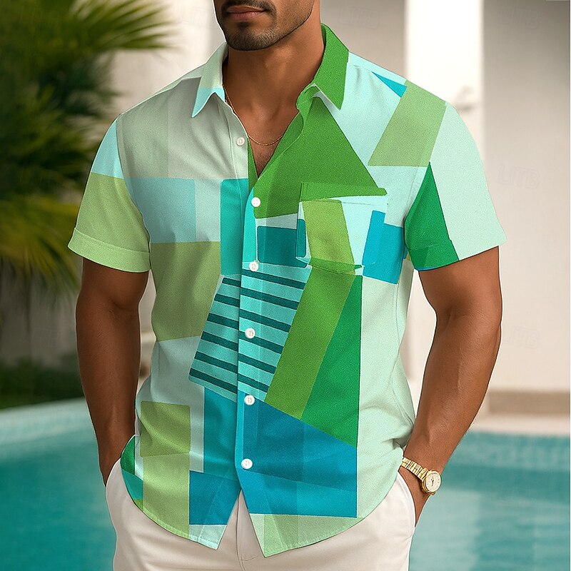 Men's Color Block Grid / Plaid Shirt Summer Shirt Button Up Shirt Short Sleeve Fashion Casual Outdoor Vacation Dailywear Summer Spring Turndown 3D Print Collared Shirts Front One Pocket Blue Green3