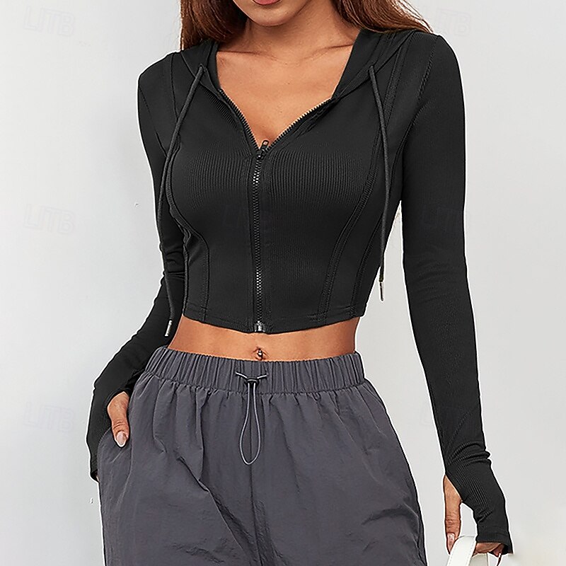 Women's Hoodie Crop Shirt Breathable Full Zip Long Sleeve Sports Solid Color Top For Gym Athletic Running Activewear2