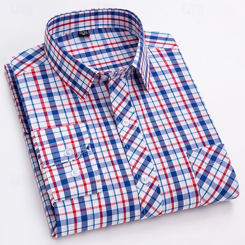 Men's Shirt Dress Shirt Collared Shirt Button Up Shirt Plaid / Striped / Chevron / Round Daily Wear Corporate Clothing Yellow Red Dark Navy Blue Long Sleeve Shirt Collar All Seasons Clothing Apparel
