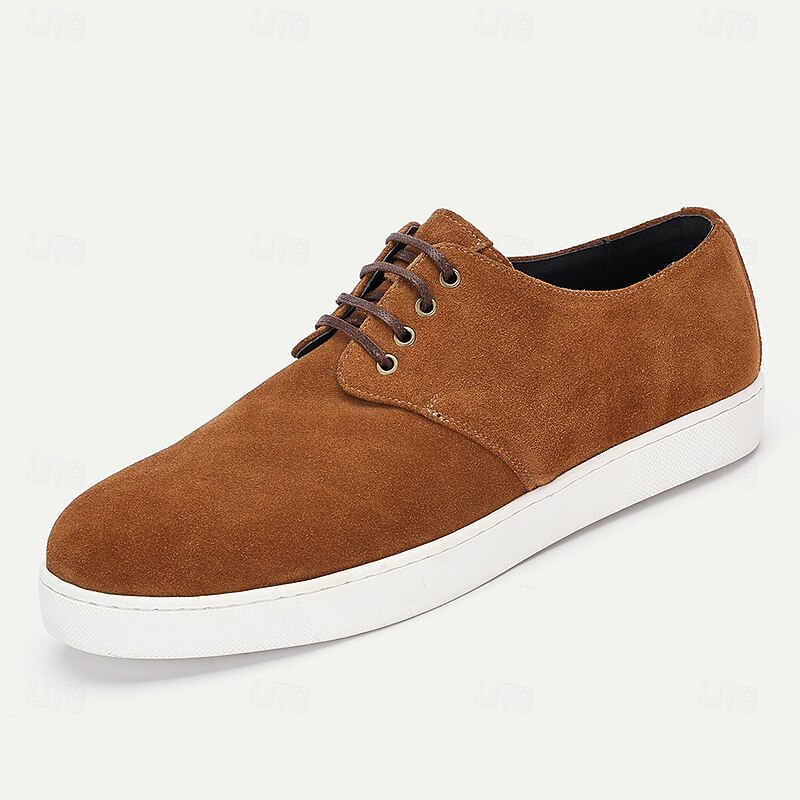 Men's Tan Cowhide Suede Lace-up Sneakers with White Rubber Sole Casual Everyday Shoes for Walking, Travel and Outdoor Activities2