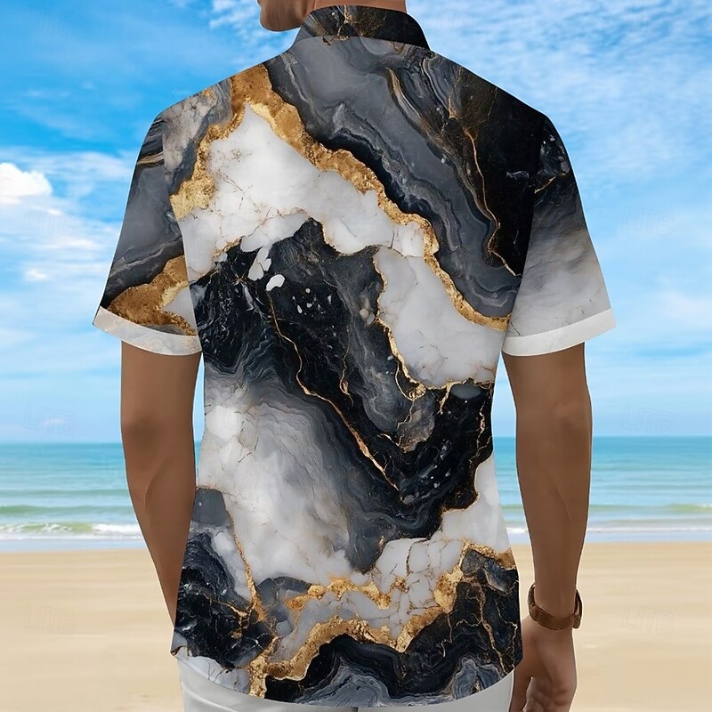 Men's Marble Abstract Liquid Art Shirt Summer Shirt Button Up Shirt Short Sleeve Fashion Casual Outdoor Vacation Dailywear Summer Spring Turndown 3D Print Collared Shirts Front One Pocket Dark Blue2